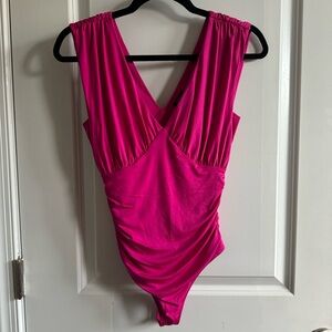 Express | Body Contour Pink V Neck Sleeveless Ruched Bodysuit Size XS
